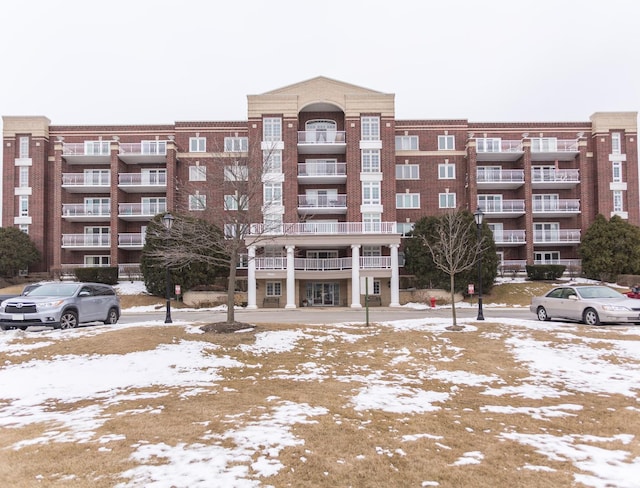 view of snow covered building