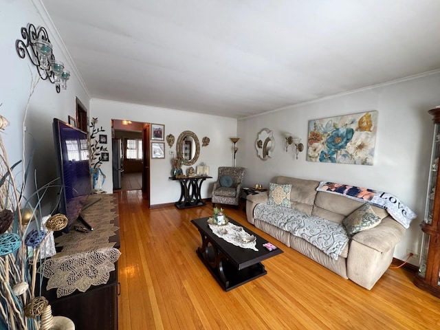 living area with wood finished floors and crown molding