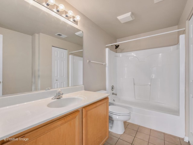 bathroom with bathtub / shower combination, tile patterned flooring, toilet, visible vents, and vanity