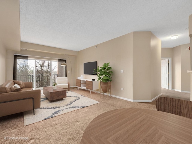 living area featuring baseboards, a textured ceiling, and carpet flooring