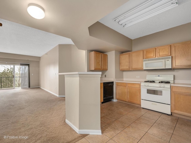 kitchen with white appliances, baseboards, open floor plan, and light countertops