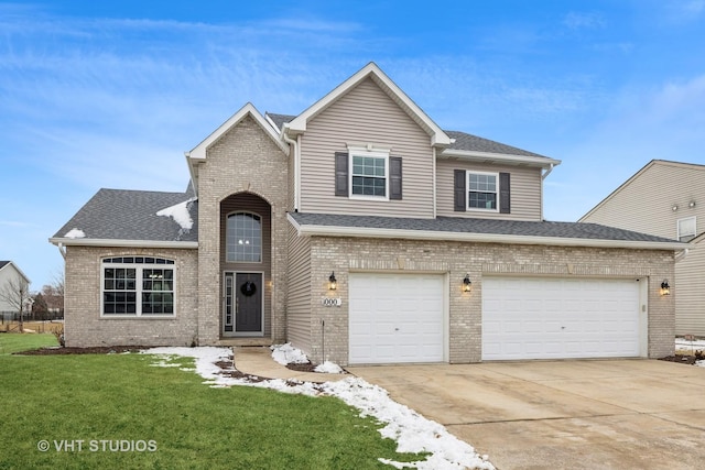 traditional home featuring driveway, brick siding, and a front yard