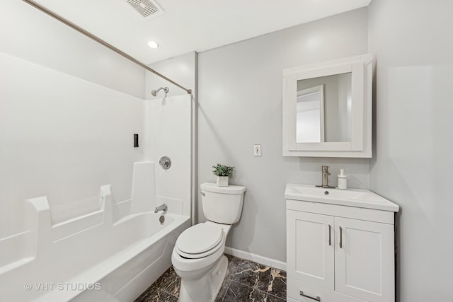 bathroom with baseboards, visible vents, toilet,  shower combination, and vanity