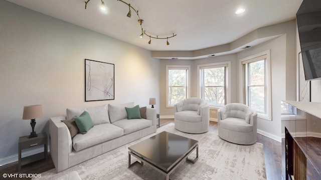 living area featuring recessed lighting, wood finished floors, rail lighting, and baseboards