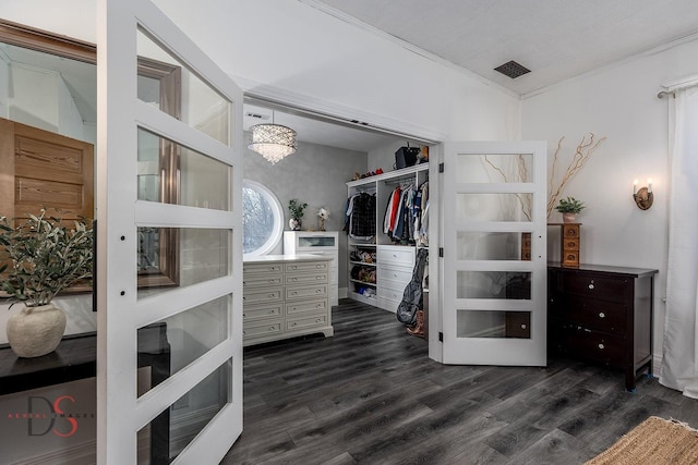 spacious closet featuring dark wood-style floors and visible vents