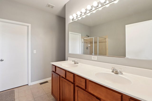 full bathroom featuring visible vents, a sink, a shower stall, and tile patterned floors