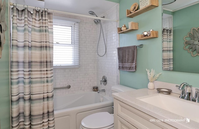 bathroom featuring vanity, toilet, and shower / tub combo with curtain