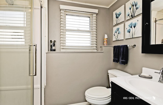 full bath featuring an enclosed shower, toilet, and vanity