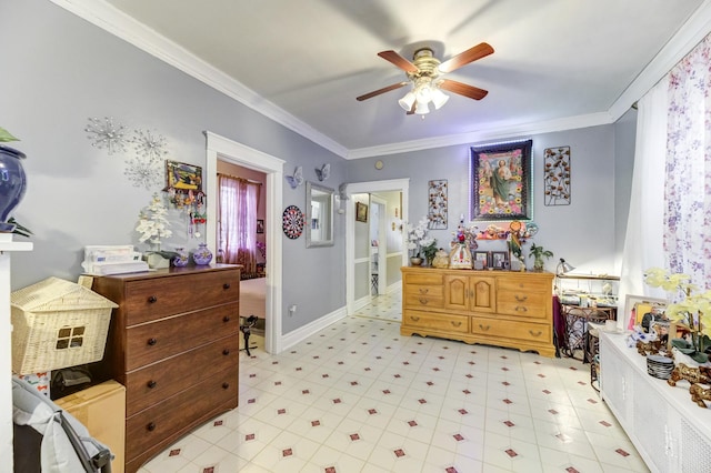 bedroom with crown molding, baseboards, and ceiling fan