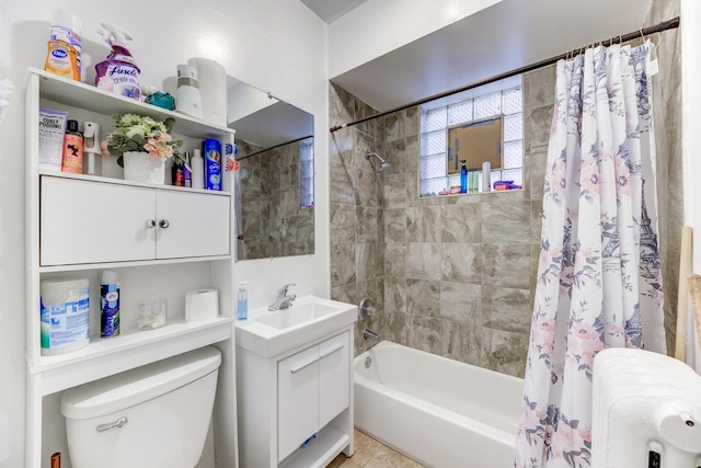 bathroom with toilet, shower / bathtub combination with curtain, radiator heating unit, and vanity