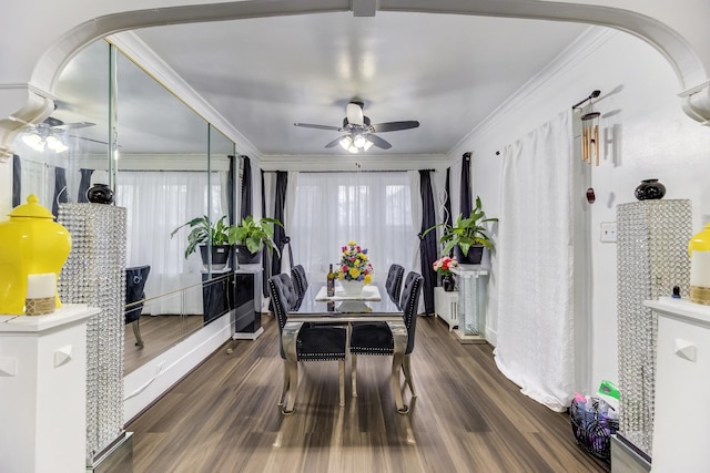 dining space with ceiling fan, wood finished floors, and crown molding