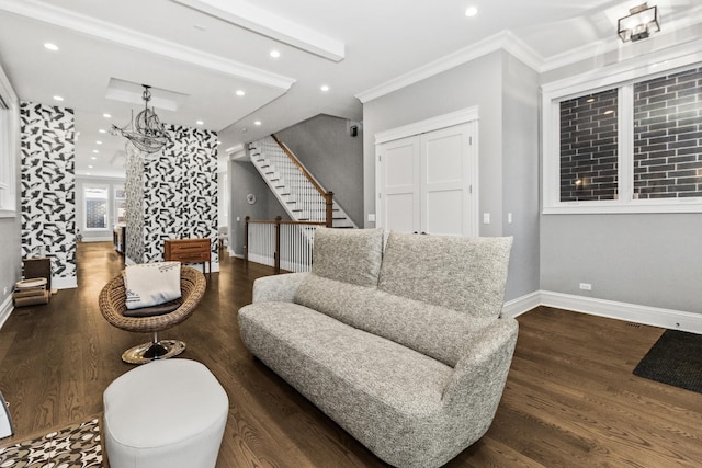 living room featuring crown molding, recessed lighting, wood finished floors, baseboards, and stairs