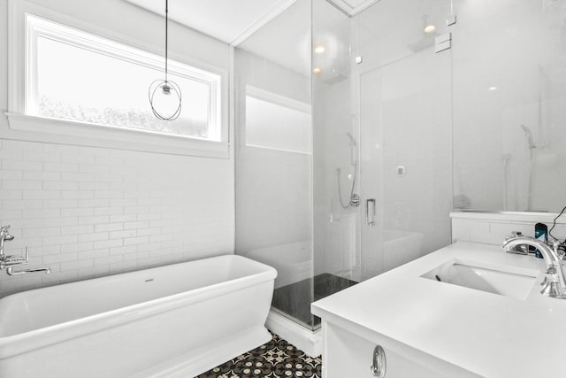 bathroom featuring tile walls, a freestanding bath, a shower stall, and vanity