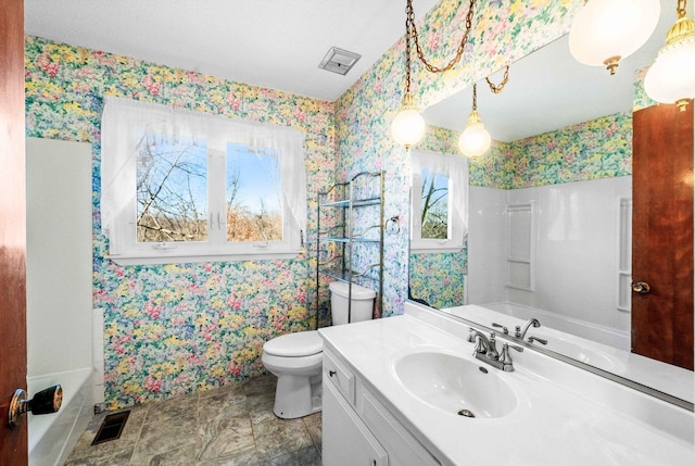 full bathroom with toilet, vanity, visible vents, shower / bathing tub combination, and wallpapered walls