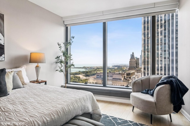 bedroom featuring multiple windows, baseboards, a city view, and wood finished floors