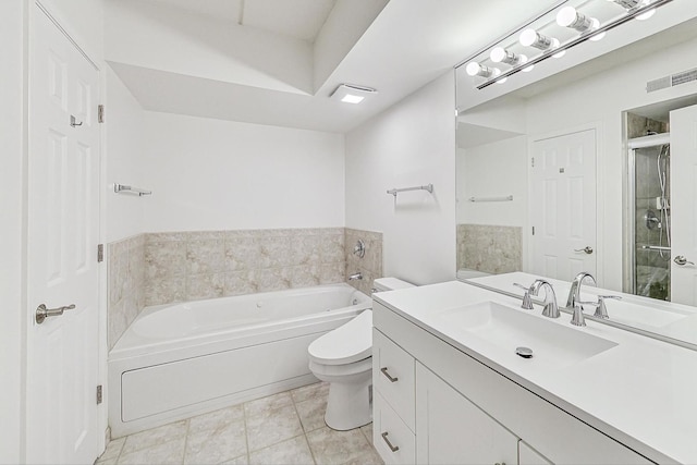 full bathroom with visible vents, toilet, tile patterned floors, vanity, and a bath