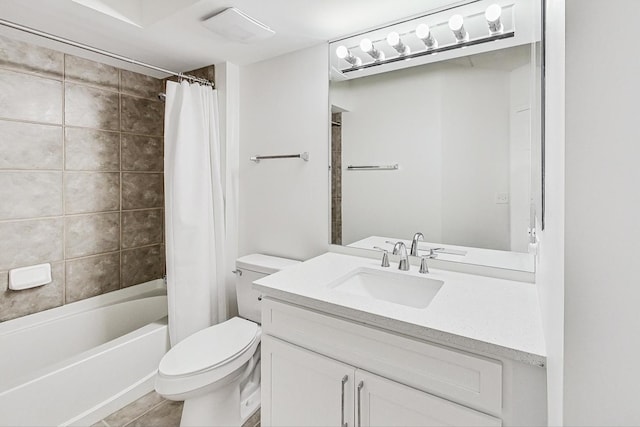 full bath featuring toilet, shower / tub combo, tile patterned flooring, and vanity