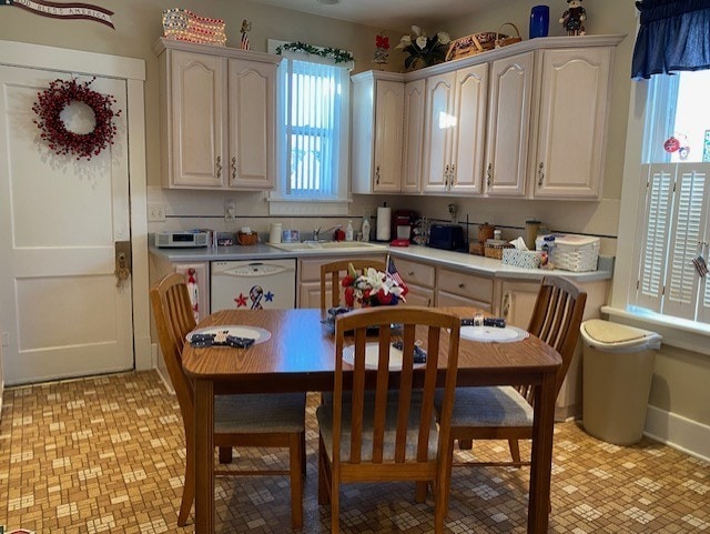 kitchen with a sink, white cabinetry, light countertops, and dishwasher