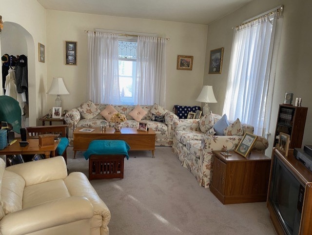 living area featuring light carpet and arched walkways