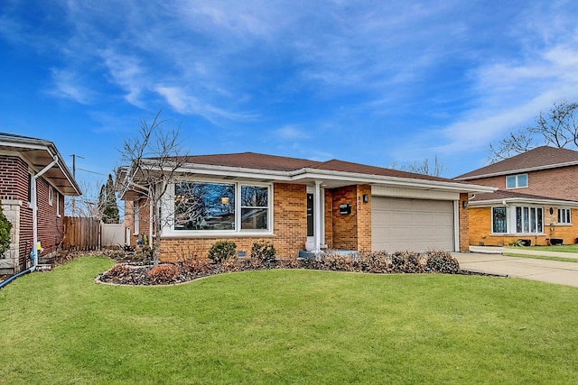 view of front facade with brick siding, concrete driveway, fence, a garage, and a front lawn