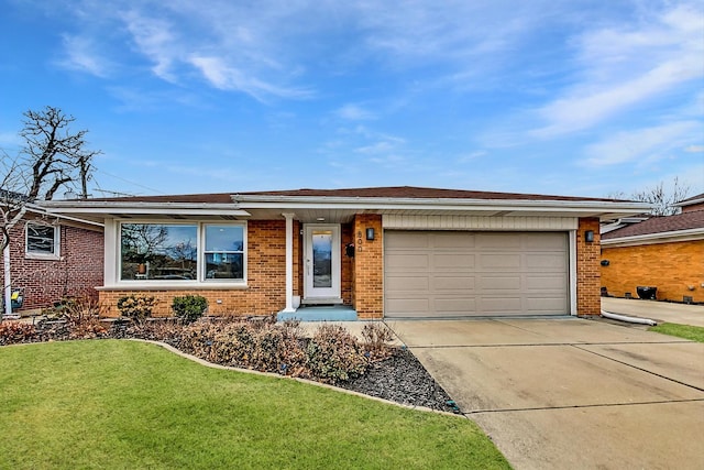 ranch-style home with a front yard, brick siding, driveway, and an attached garage