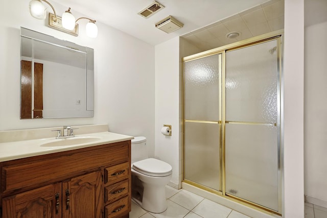 bathroom with toilet, a shower stall, visible vents, and tile patterned floors