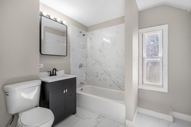 full bathroom with toilet, marble finish floor, baseboards, and vanity