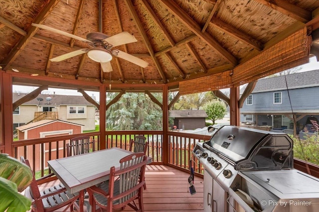 631 Alice Ct, Elgin, IL 60123 - wooden deck with a shed, a ceiling fan, a gazebo, an outdoor structure, and a grill