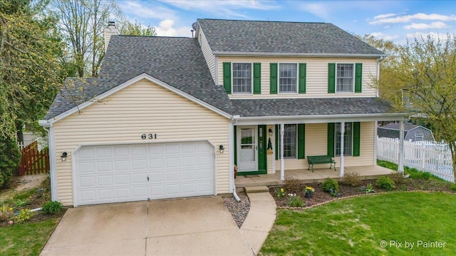 631 Alice Ct, Elgin, IL 60123 - view of front of home featuring covered porch, concrete driveway, a garage, a shingled roof, and a chimney