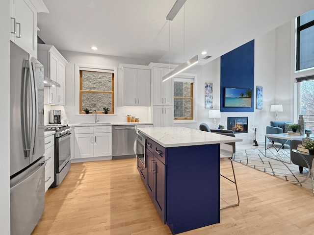 kitchen with stainless steel appliances, a glass covered fireplace, white cabinetry, and a sink