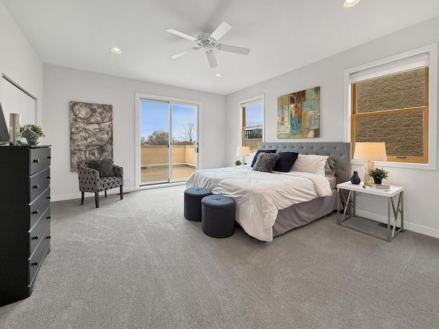 bedroom featuring baseboards, recessed lighting, carpet flooring, and access to exterior