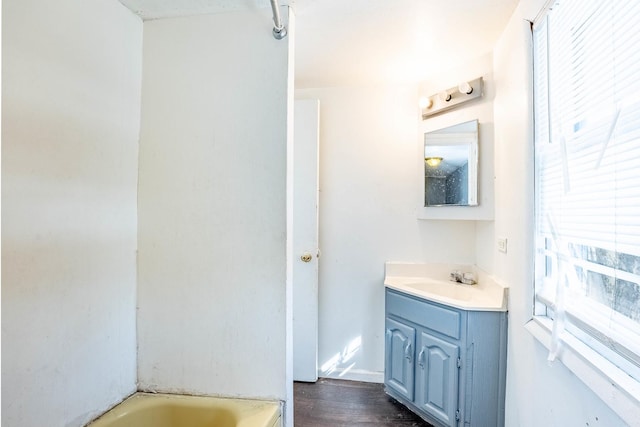 full bathroom featuring a bathing tub, wood finished floors, and vanity