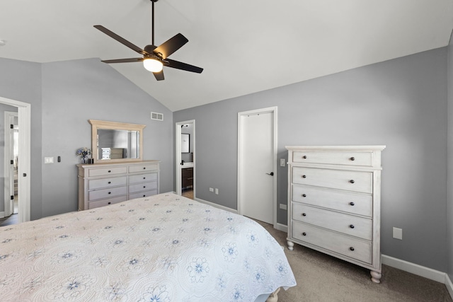 unfurnished bedroom with visible vents, ceiling fan, baseboards, carpet floors, and vaulted ceiling