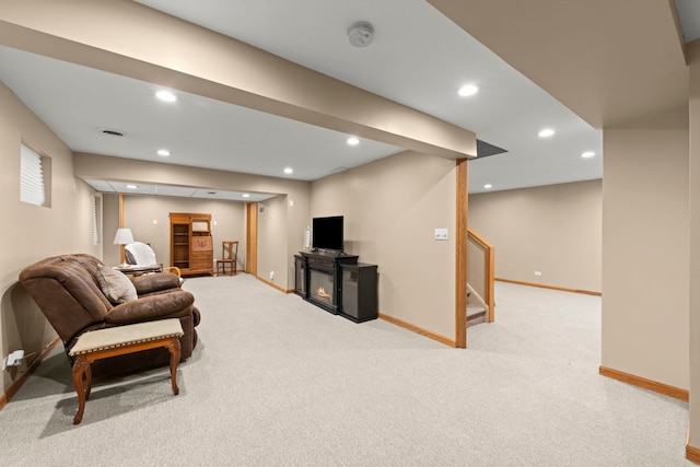 carpeted living room with recessed lighting, stairs, and baseboards