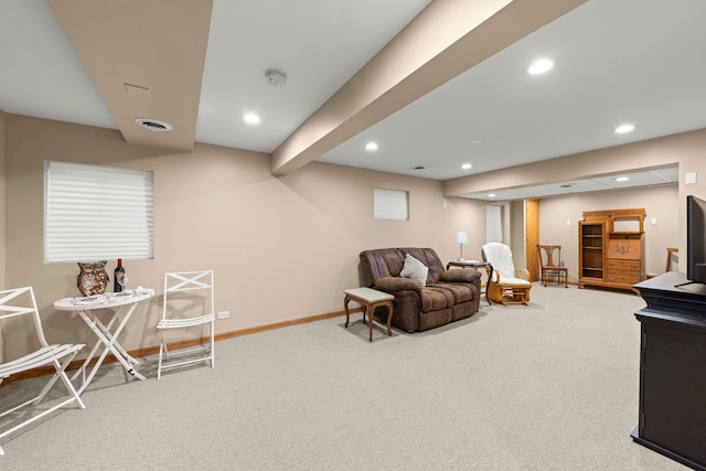 living area with recessed lighting, visible vents, baseboards, and carpet