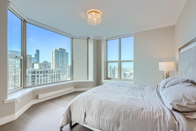 bedroom with a view of city, multiple windows, baseboards, and wood finished floors