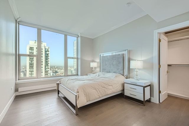 bedroom featuring crown molding, a view of city, baseboards, and wood finished floors