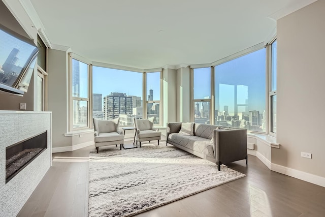 sunroom / solarium featuring a view of city and a glass covered fireplace