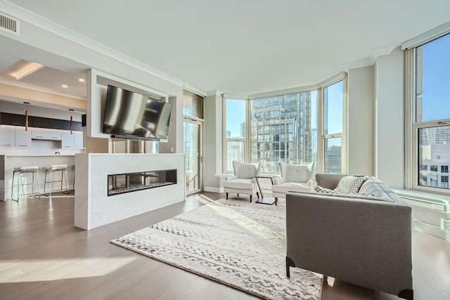 sunroom / solarium featuring a glass covered fireplace and visible vents