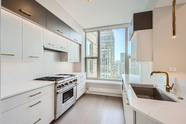 kitchen featuring a city view, high end stainless steel range, a wealth of natural light, a sink, and light stone countertops