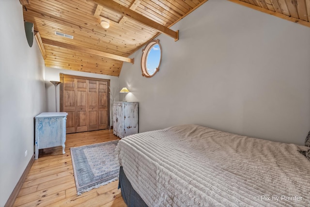 bedroom featuring visible vents, baseboards, wood ceiling, lofted ceiling with beams, and wood-type flooring