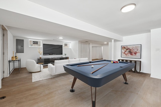 rec room with baseboards, billiards, light wood-style flooring, and electric panel