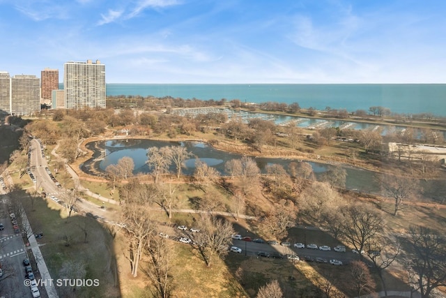 drone / aerial view featuring a water view