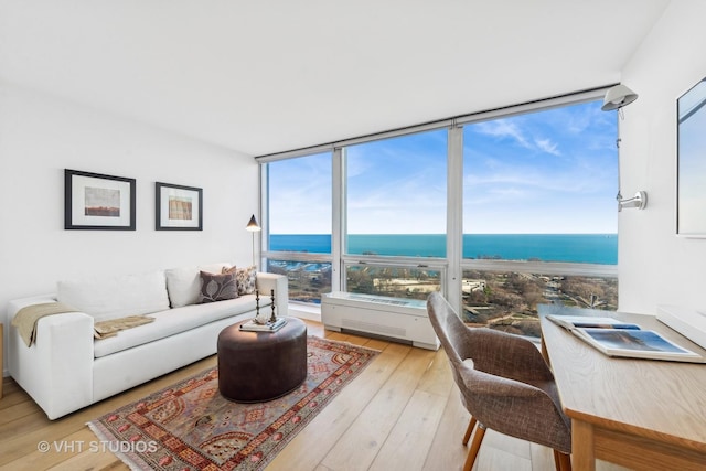 living room featuring a water view and light wood-style floors