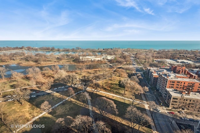 aerial view featuring a water view