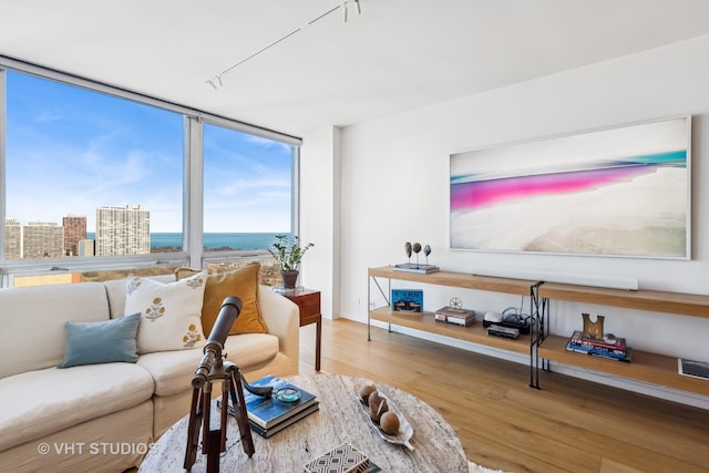 living room featuring a view of city, a water view, wood finished floors, and floor to ceiling windows