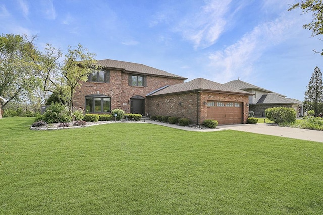view of front of house featuring an attached garage, concrete driveway, a front yard, and brick siding