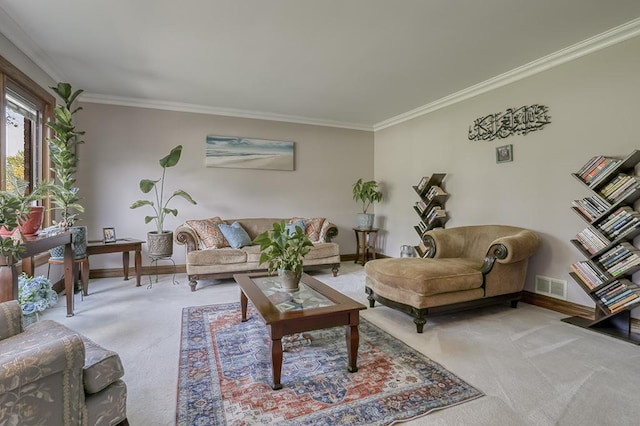 carpeted living room with crown molding and baseboards