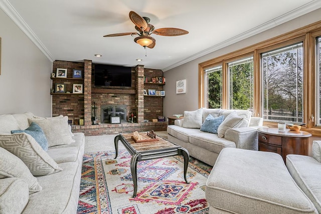 living room featuring a ceiling fan, ornamental molding, a fireplace, and carpet floors