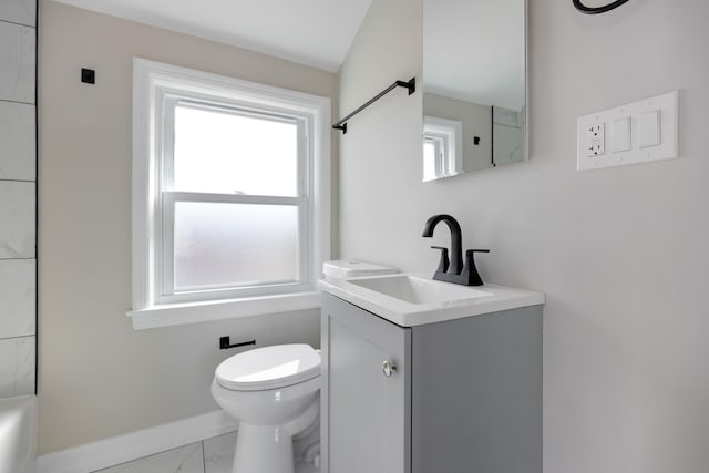 full bath featuring a shower, marble finish floor, toilet, vanity, and baseboards